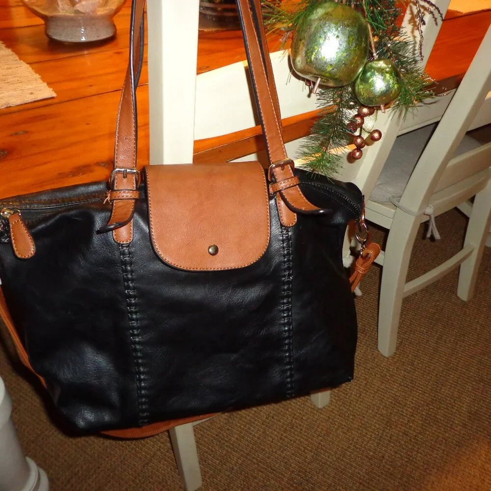 Kelly & Katie Satchel Bag Black/Tan Double Adj. Handle Straps Zip/Snap Closure - Picture 1 of 14